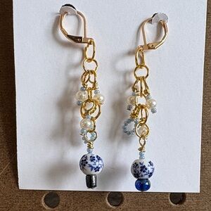 Gold-Tone Blue & White Porcelain Dangle Earrings - Hand Crafted